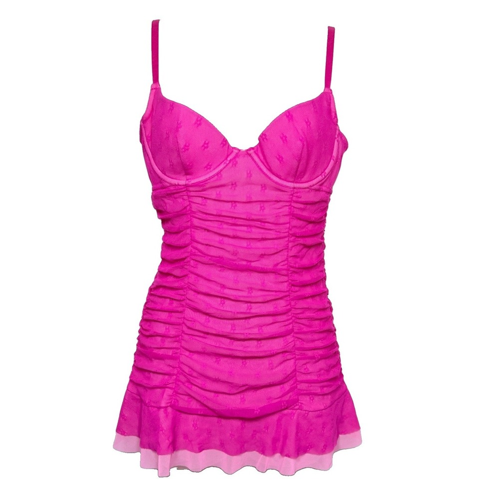 Y2K Victoria's Secret Sexy Little Things Pink Mesh Ruched Bustier Babydoll Top M